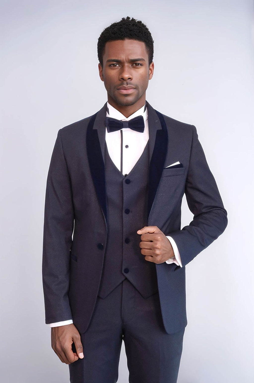 Patterned Velvet Lapel Navy Blue Men Tuxedo - Wessi