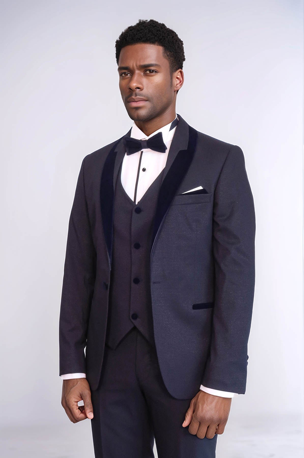 Patterned Velvet Lapel Navy Blue Men Tuxedo - Wessi
