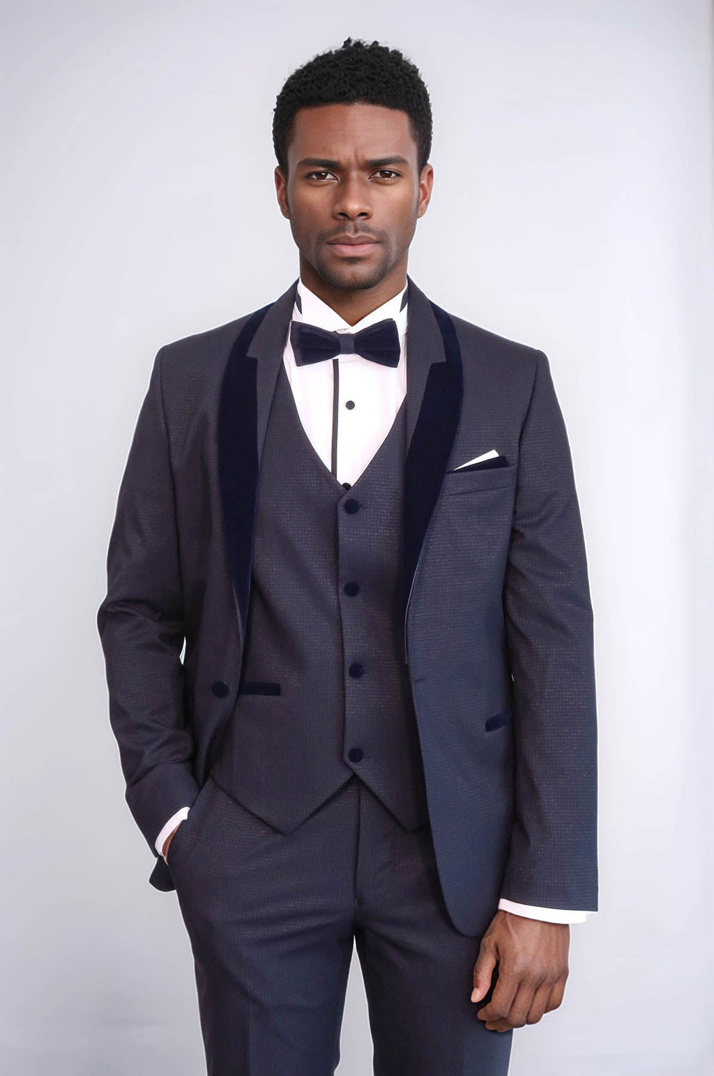 Patterned Velvet Lapel Navy Blue Men Tuxedo - Wessi