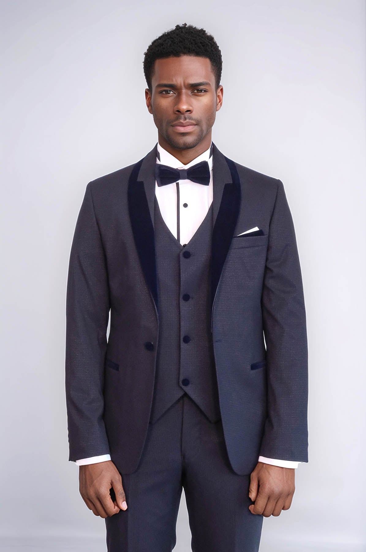 Patterned Velvet Lapel Navy Blue Men Tuxedo - Wessi