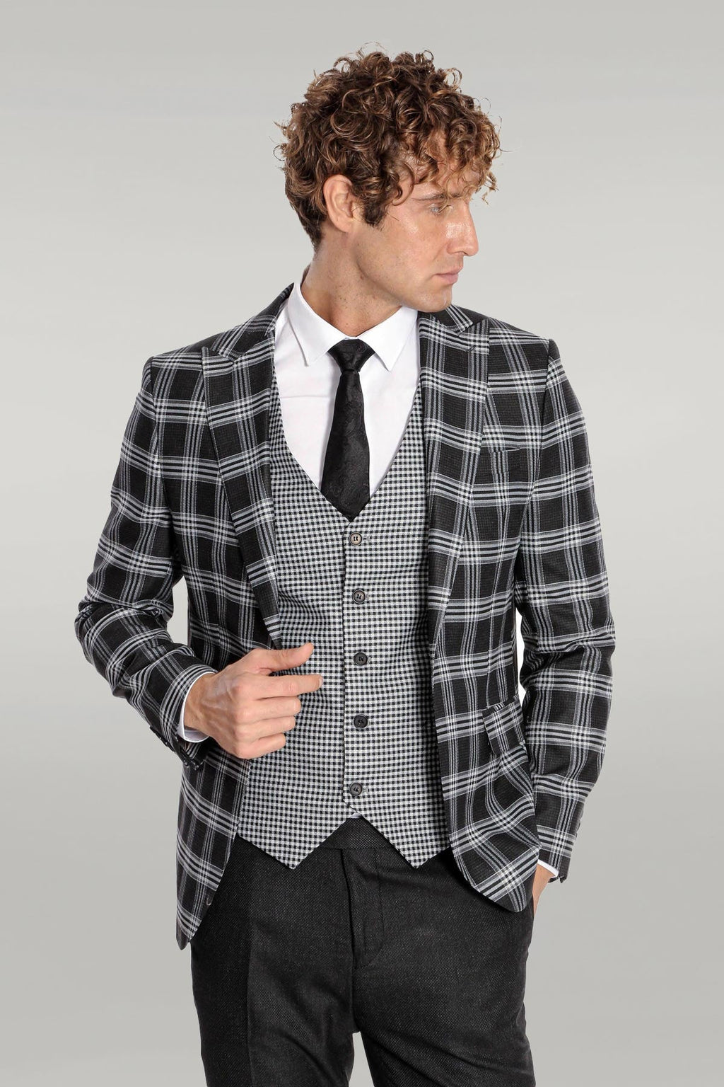 Black Plaid Patterned Vest Suit, White Shirt, and Black Tie Combination - Prestigious Business Style - Wessi