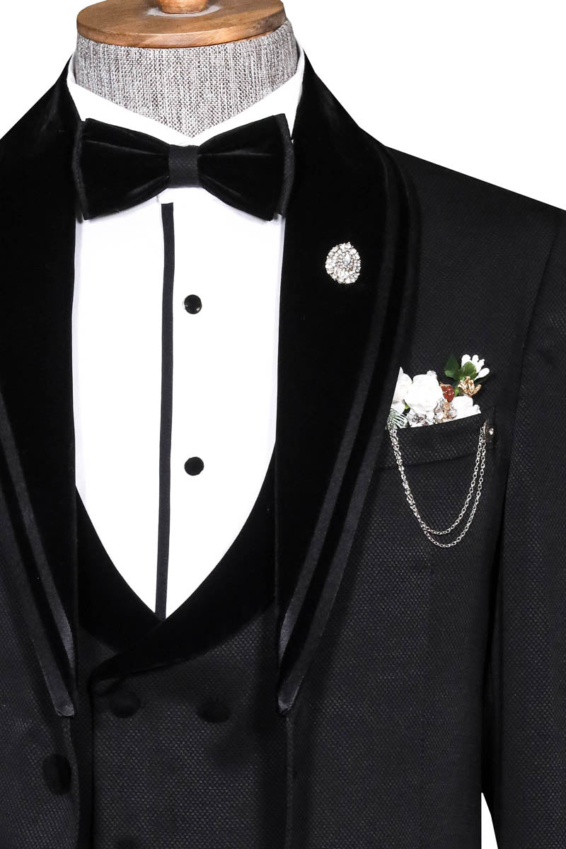 Black Velvet and Trim-Detail Waistcoat Tuxedo with White Shirt Look - Wessi Evening Event Style