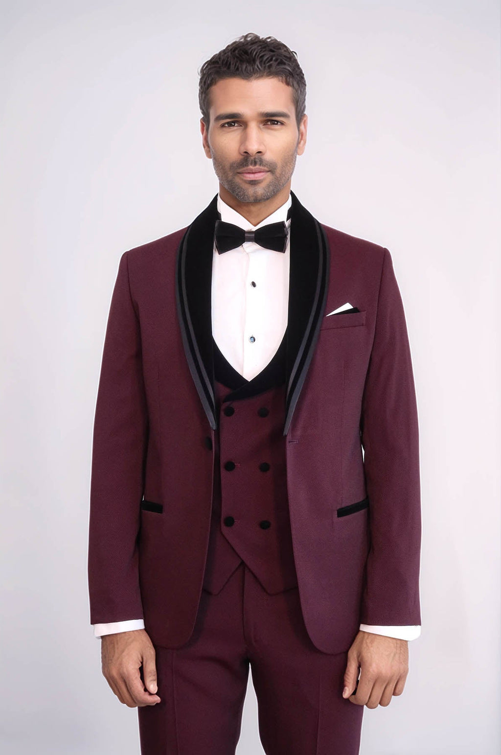 3 Piece Trim Detailed Self-Patterned Velvet Shawl Collar Burgundy Men's Tuxedo - Wessi
