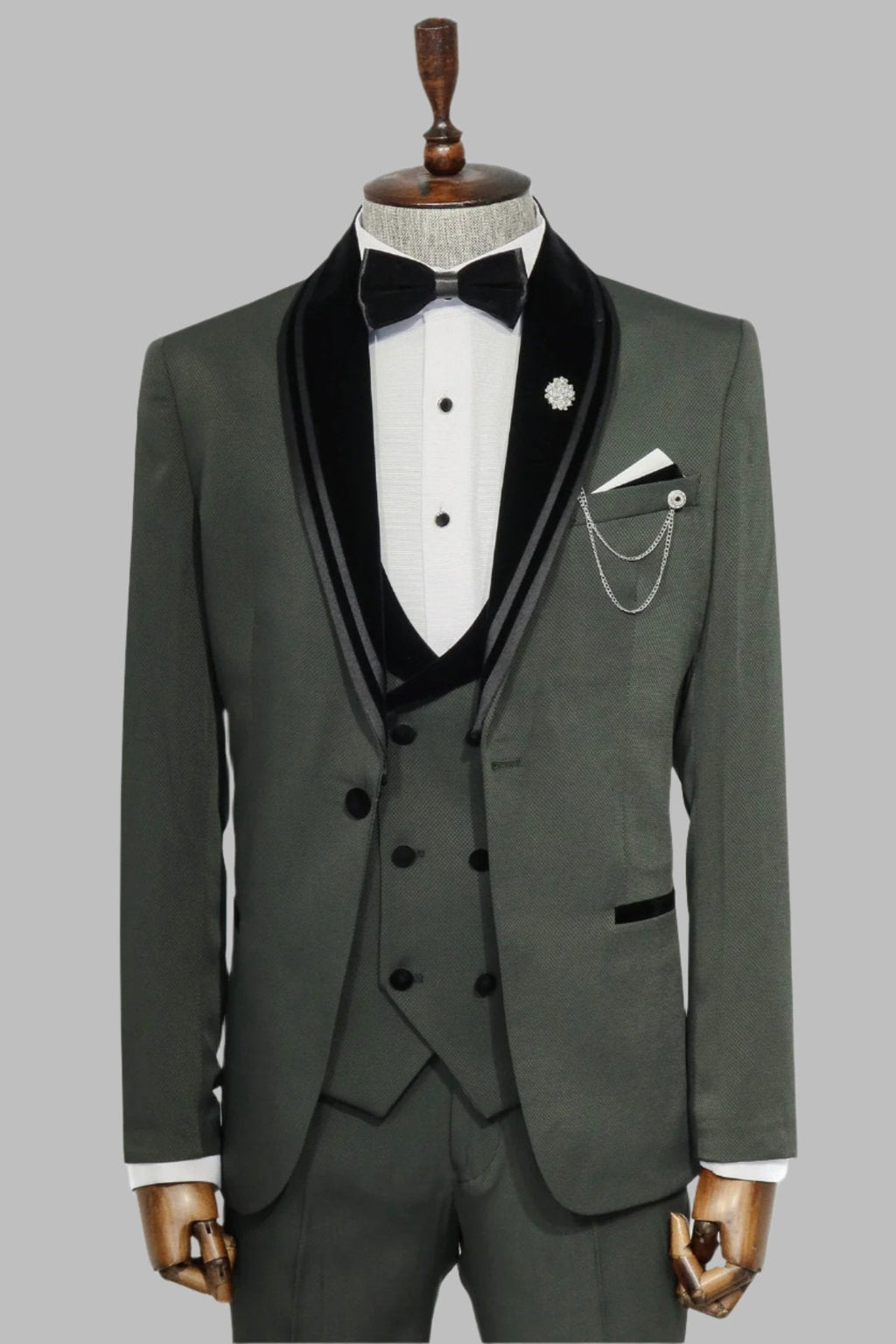 Green Velvet and Trim-Detail Waistcoat Tuxedo with White Shirt Look - Wessi Evening Event Style