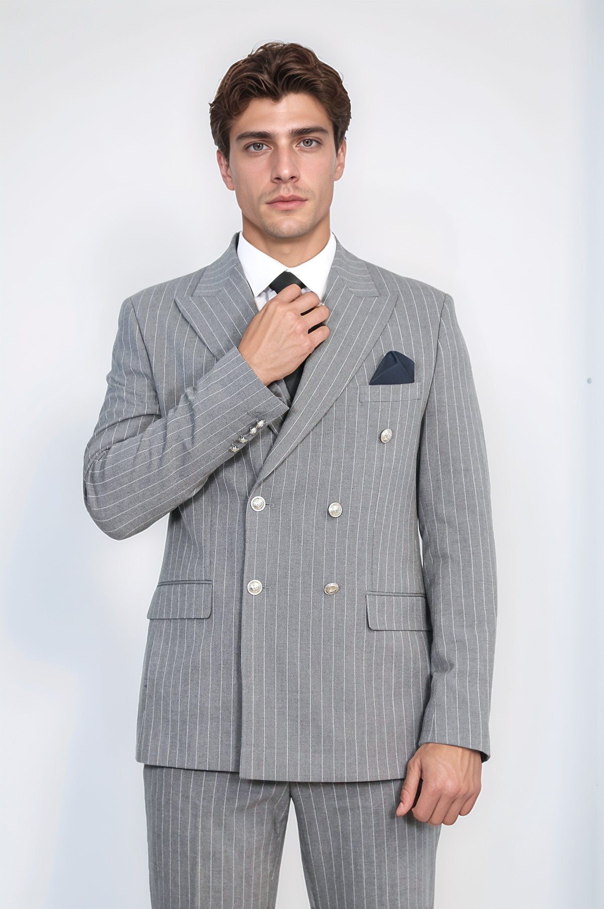 Pinstripe Double Breasted Men’s Grey Suit with Silver Button Details - Wessi