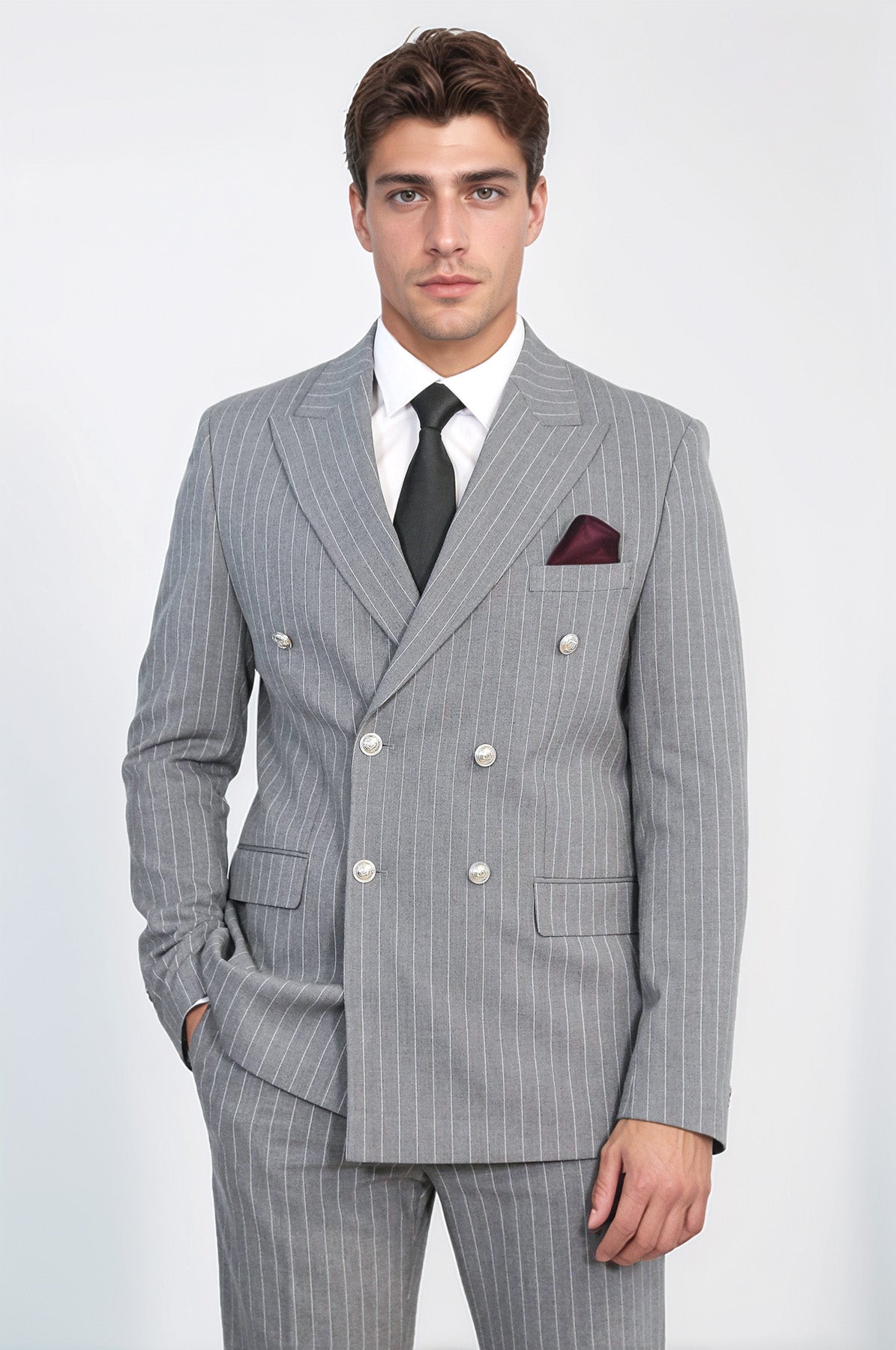 Pinstripe Double Breasted Men’s Grey Suit with Silver Button Details - Wessi