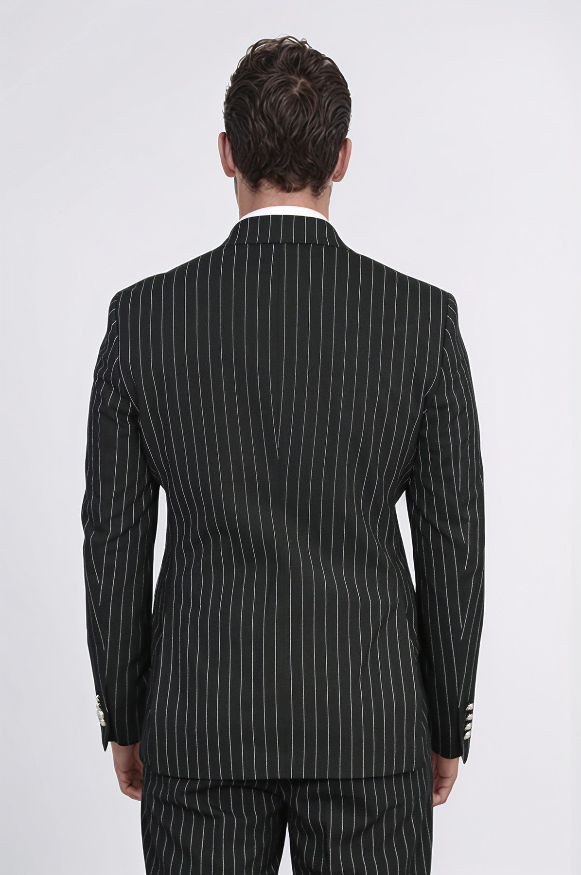 Pinstripe Double Breasted Men’s Black Suit with Silver Button Details - Wessi