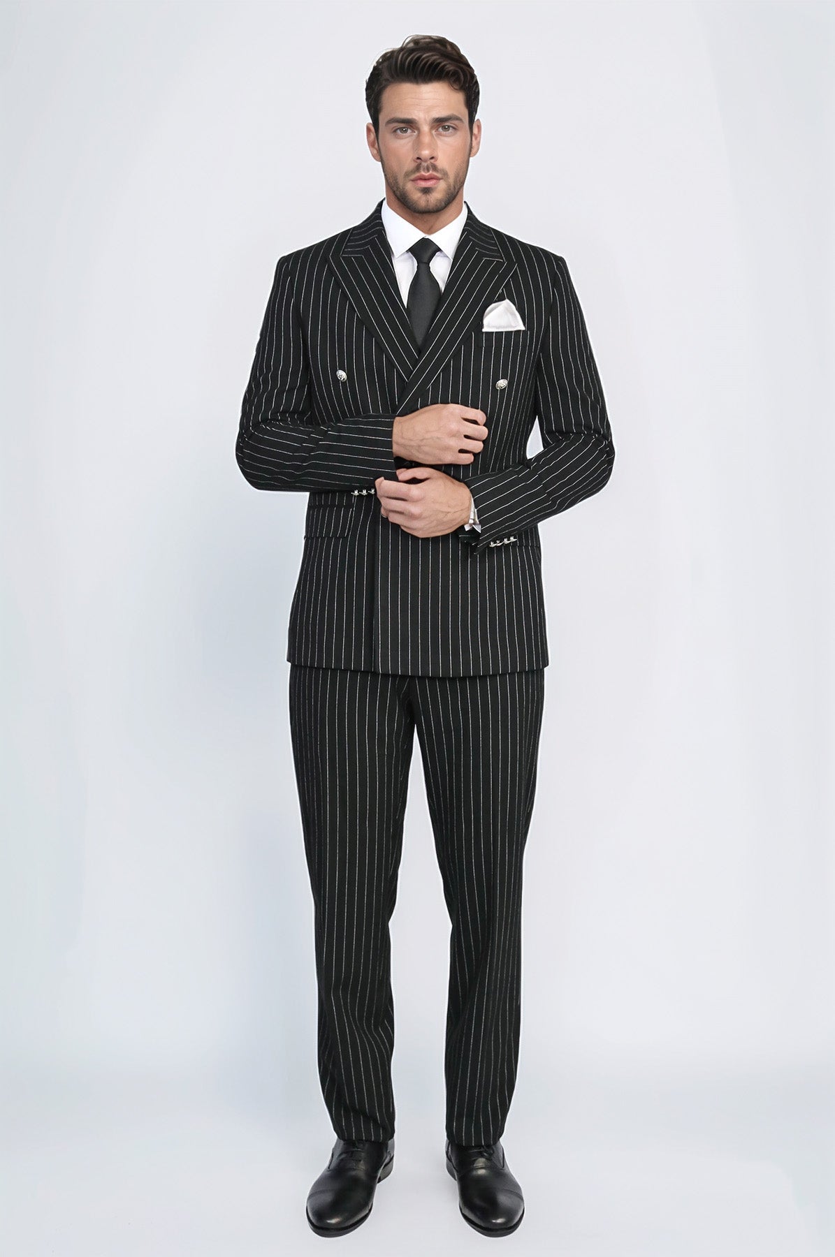 Pinstripe Double Breasted Men’s Black Suit with Silver Button Details - Wessi