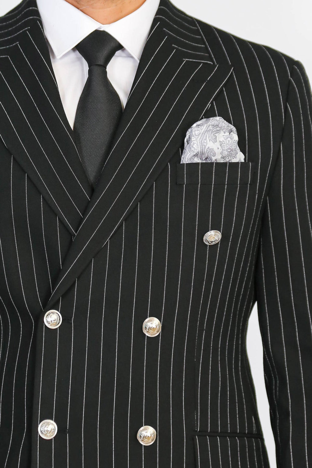 Pinstripe Double Breasted Men’s Black Suit with Silver Button Details - Wessi
