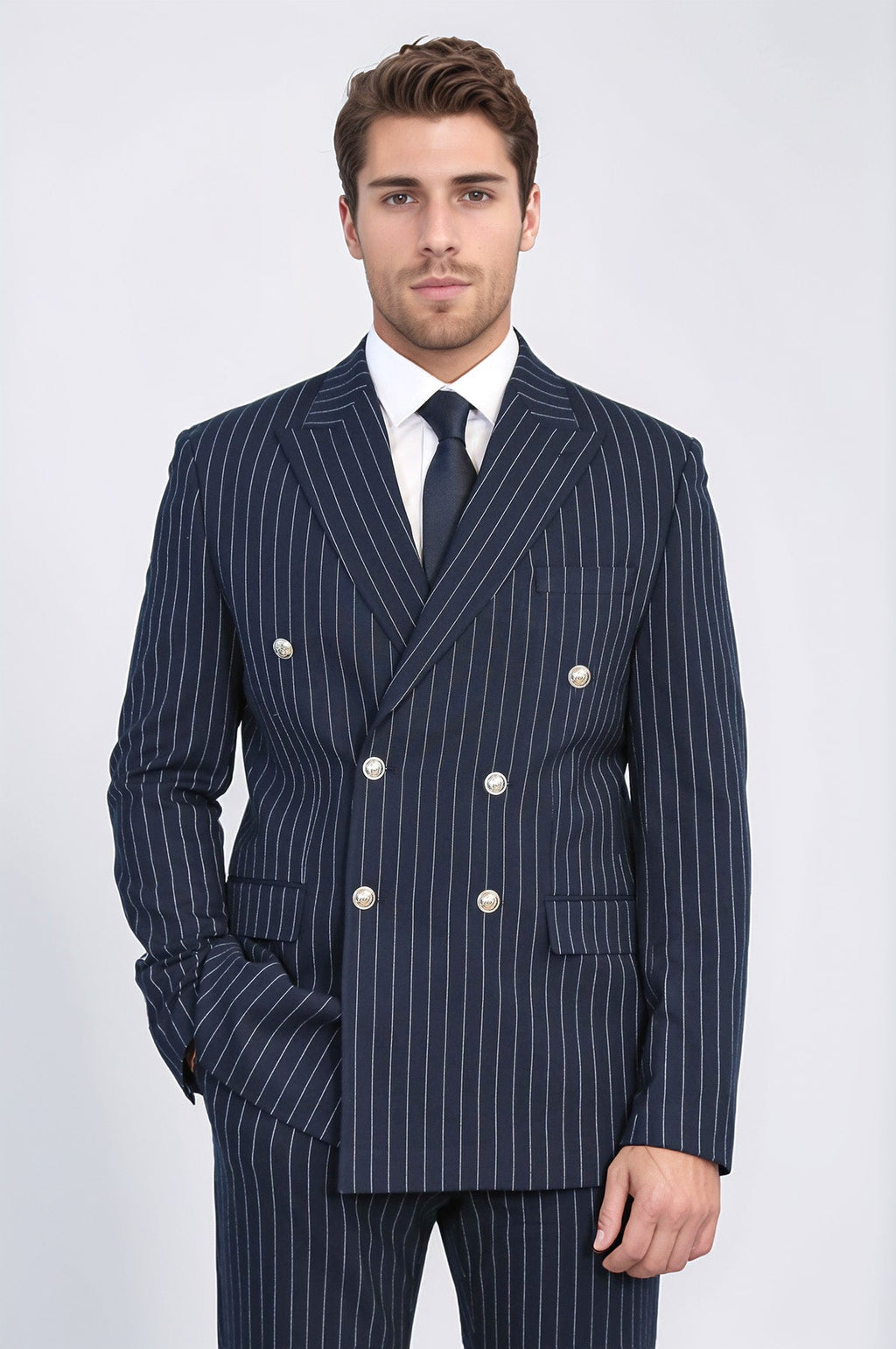 Pinstripe Double Breasted Men’s Navy Blue Suit with Silver Button Details - Wessi