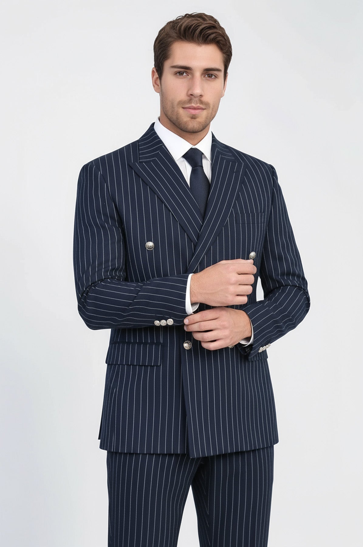 Pinstripe Double Breasted Men’s Navy Blue Suit with Silver Button Details - Wessi