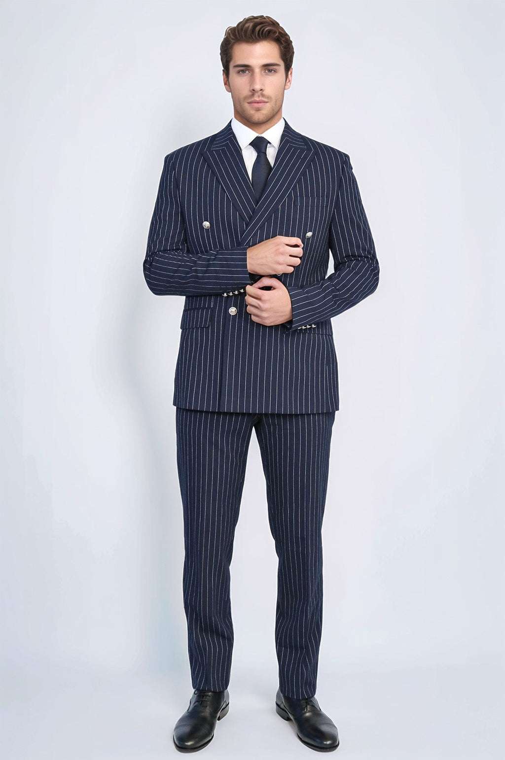 Pinstripe Double Breasted Men’s Navy Blue Suit with Silver Button Details - Wessi