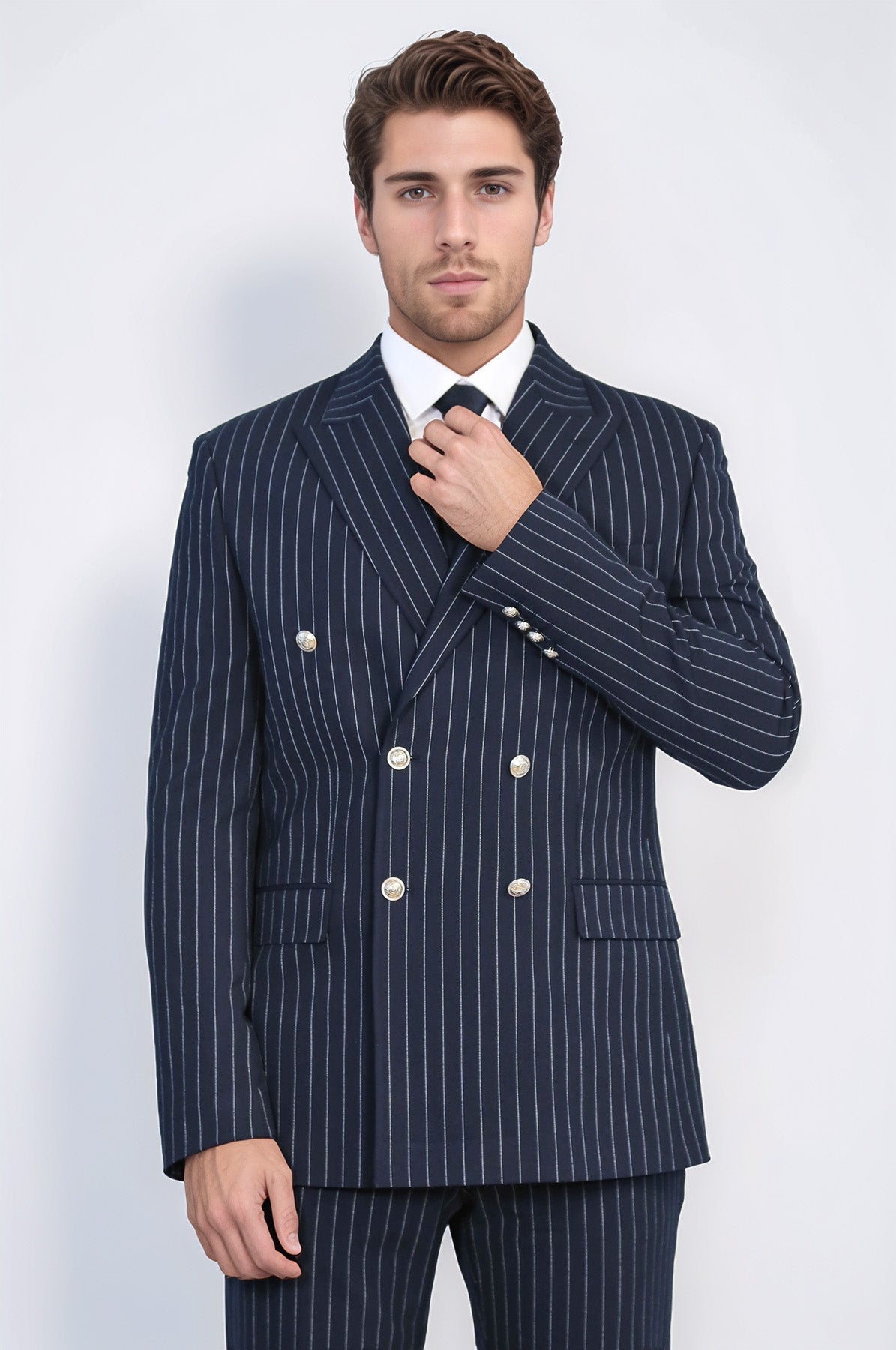 Pinstripe Double Breasted Men’s Navy Blue Suit with Silver Button Details - Wessi