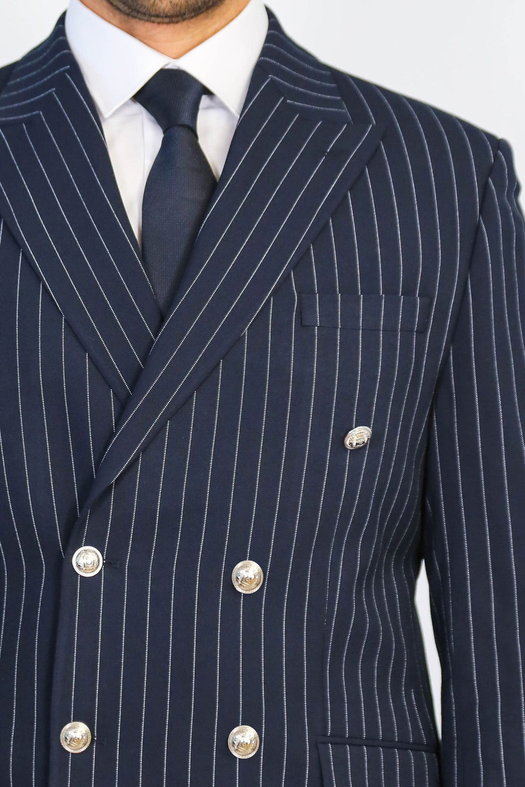Pinstripe Double Breasted Men’s Navy Blue Suit with Silver Button Details - Wessi