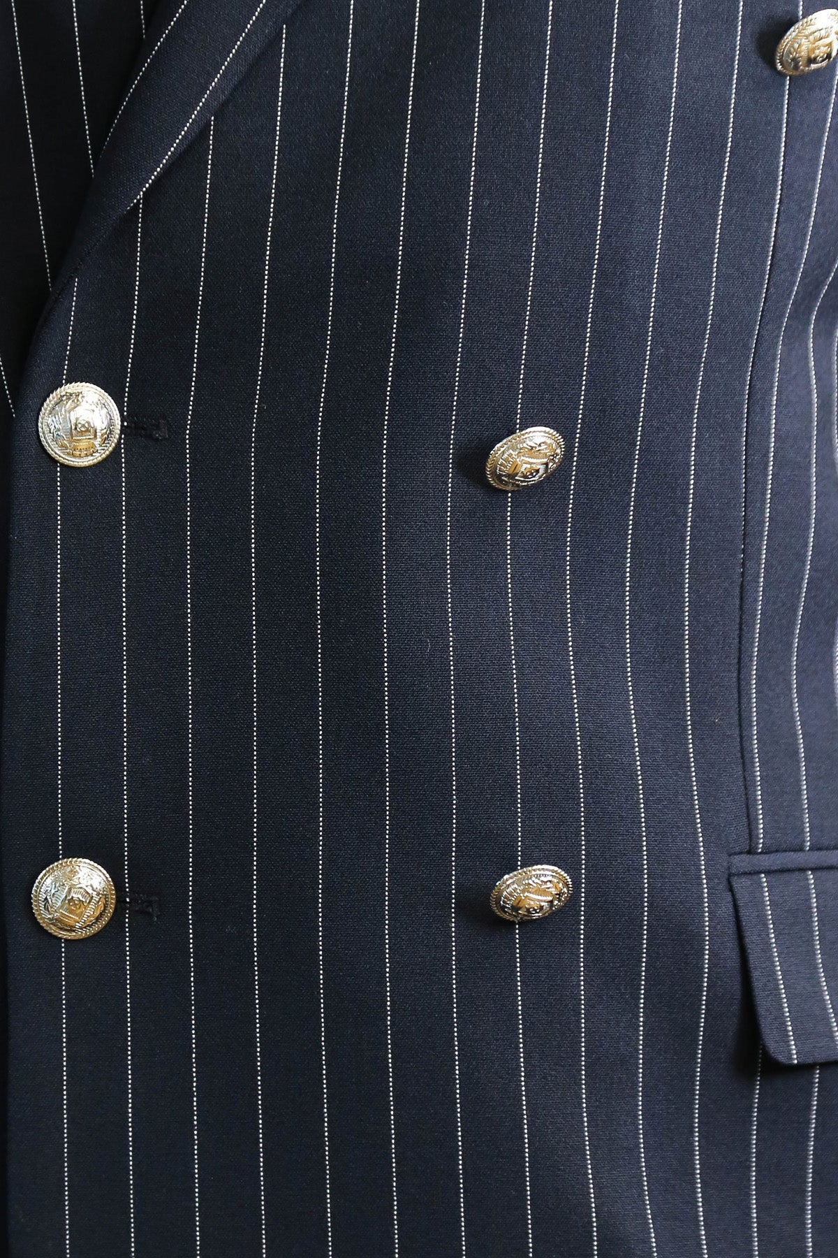 Pinstripe Double Breasted Men’s Navy Blue Suit with Silver Button Details - Wessi