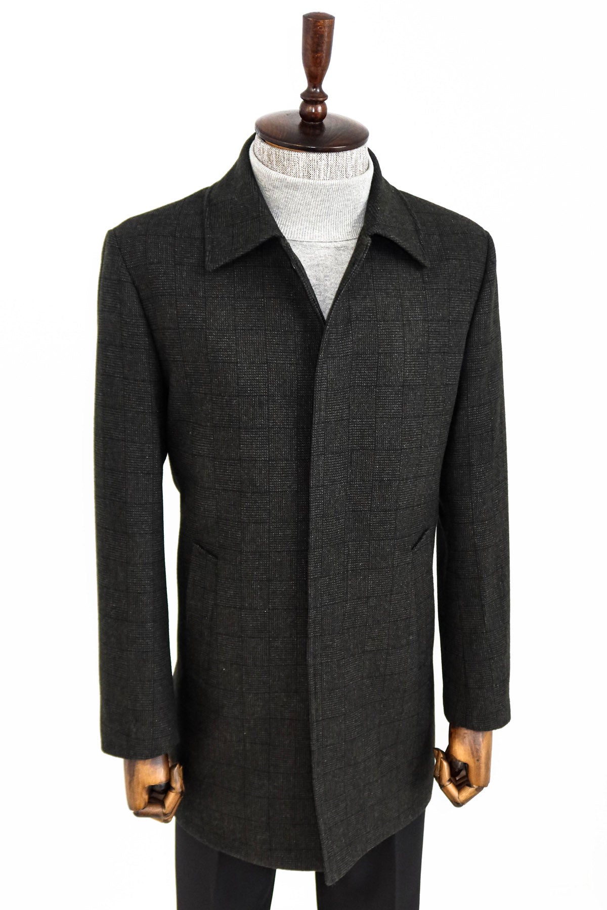 Black Hidden Button Peak Lapel Coat - Wessi