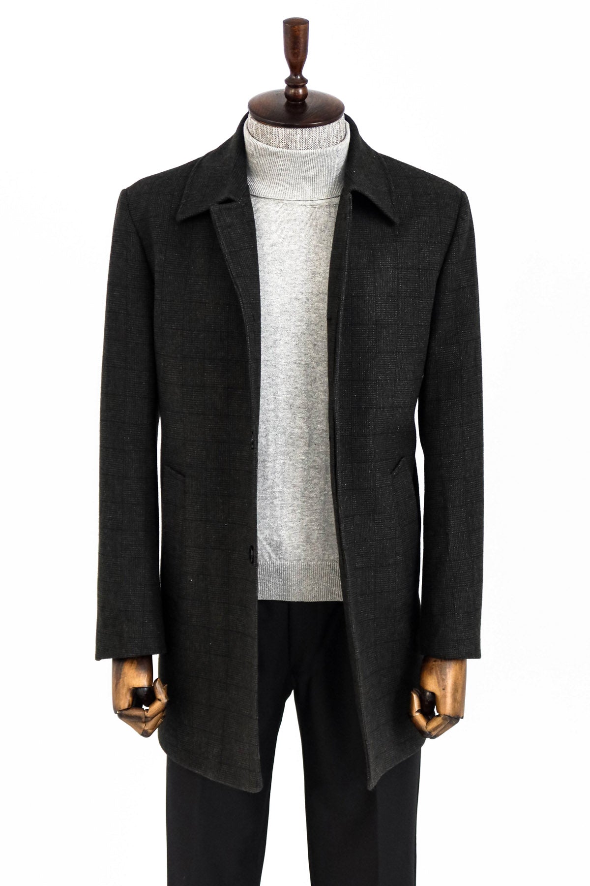 Black Hidden Button Peak Lapel Coat - Wessi