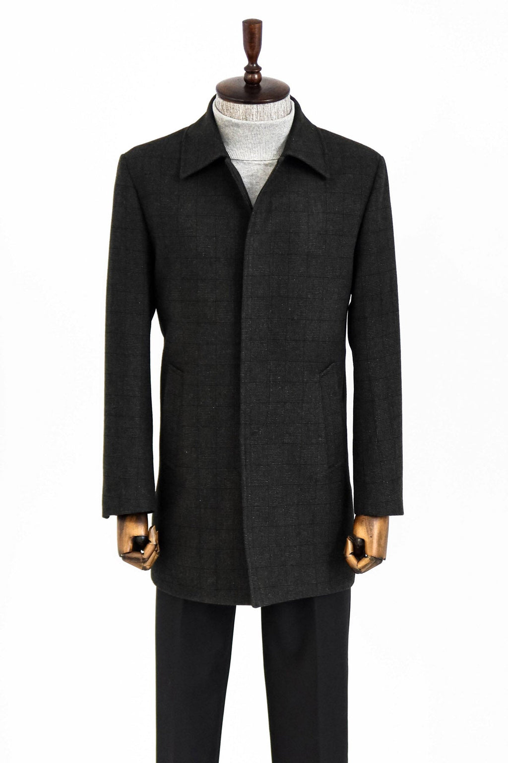Black Hidden Button Peak Lapel Coat - Wessi
