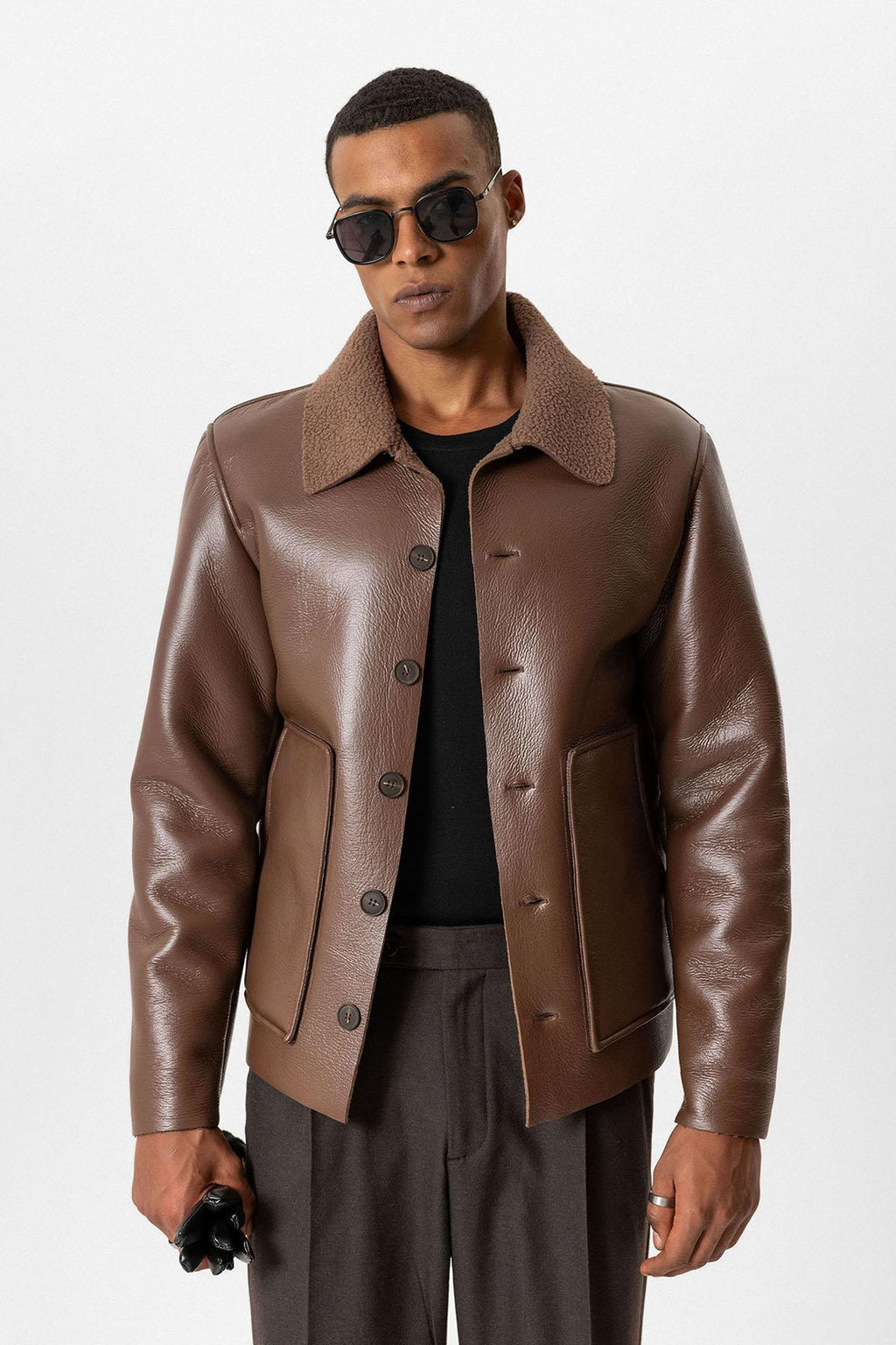 Light Brown Lined Faux Leather Men's Jacket - Wessi