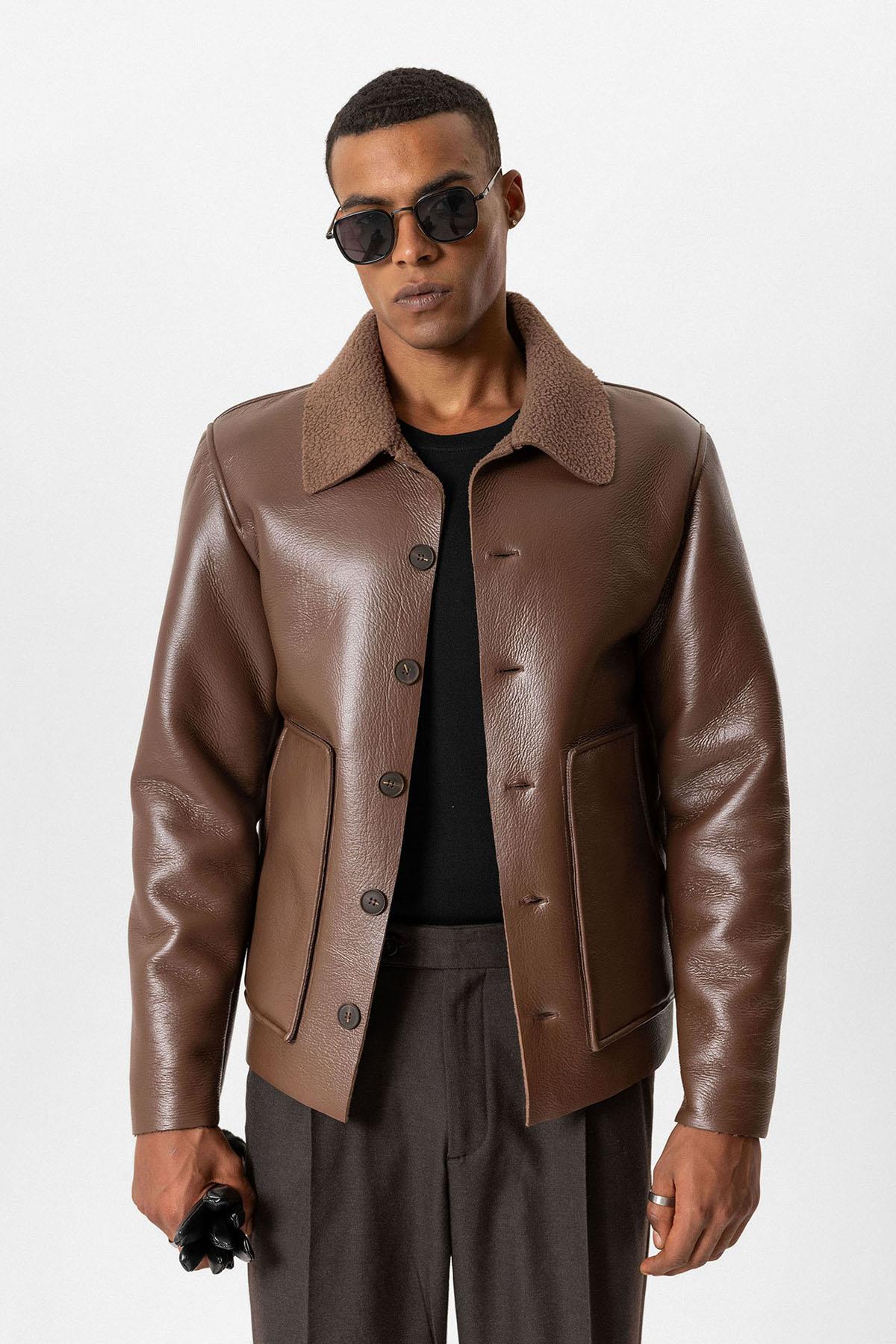 Light Brown Lined Faux Leather Men's Jacket - Wessi