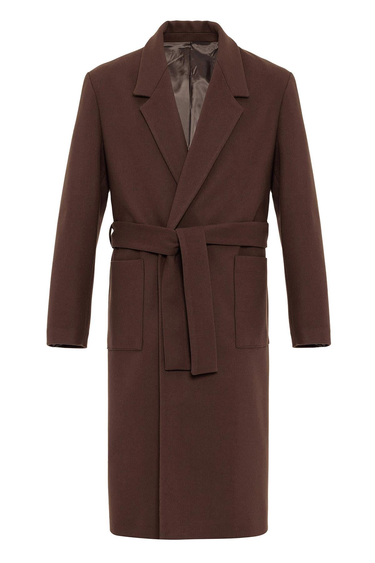 Brown Belted Bag Pocketed Men's Coat - Wessi