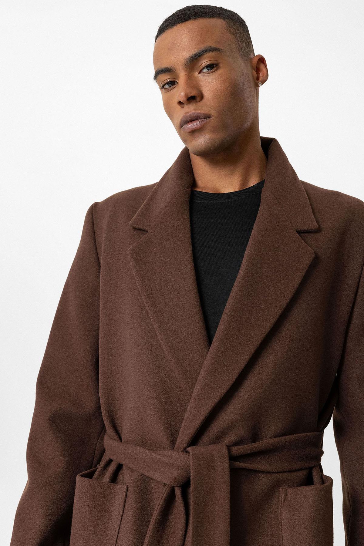 Brown Belted Bag Pocketed Men's Coat - Wessi