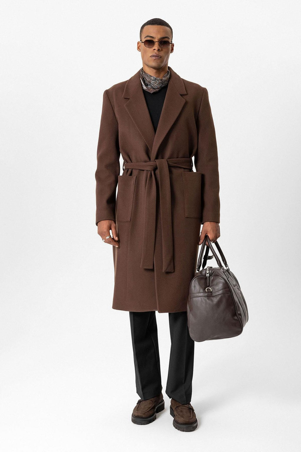 Brown Belted Bag Pocketed Men's Coat - Wessi