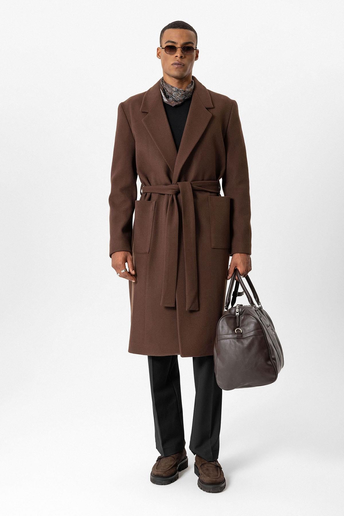 Brown Belted Bag Pocketed Men's Coat - Wessi