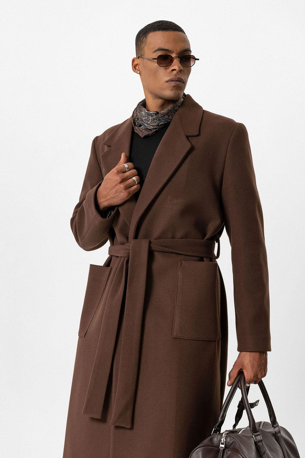 Brown Belted Bag Pocketed Men's Coat - Wessi