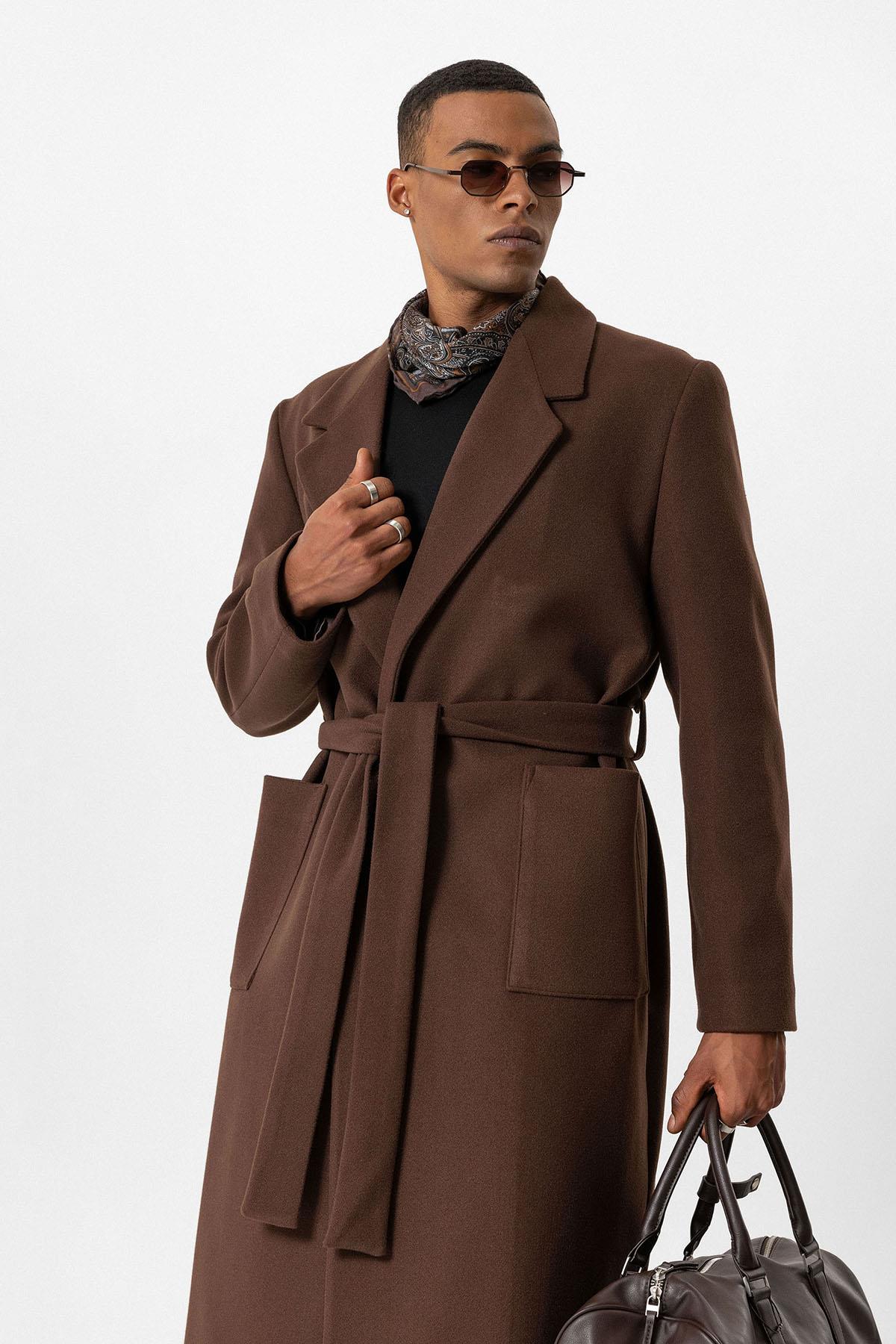 Brown Belted Bag Pocketed Men's Coat - Wessi