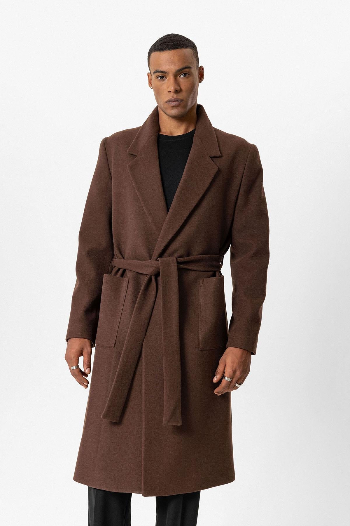 Brown Belted Bag Pocketed Men's Coat - Wessi