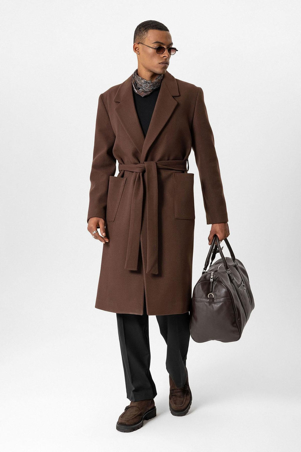Brown Belted Bag Pocketed Men's Coat - Wessi