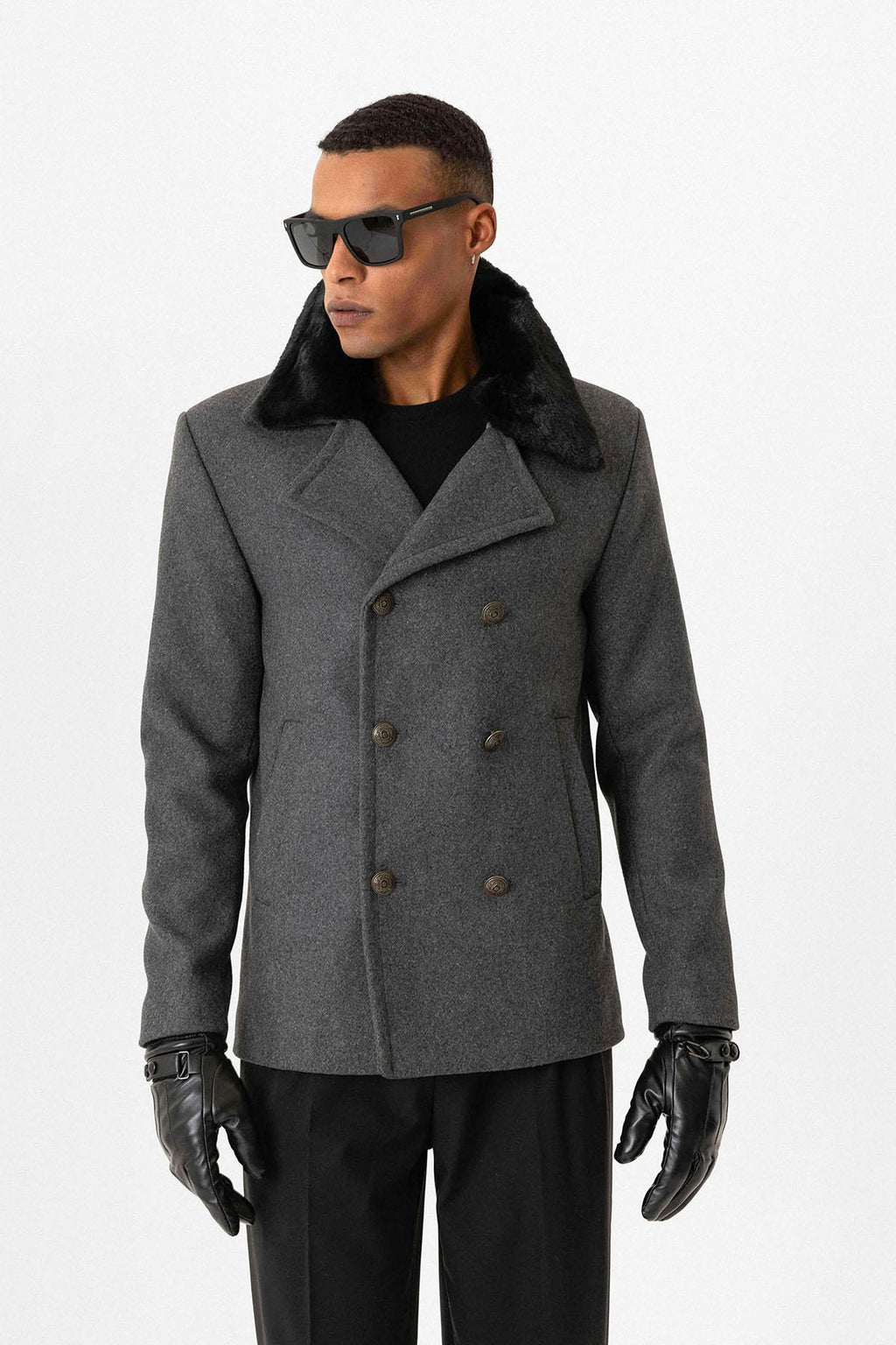 Anthracite Fur Collar Double-Breasted Men's Coat - Wessi