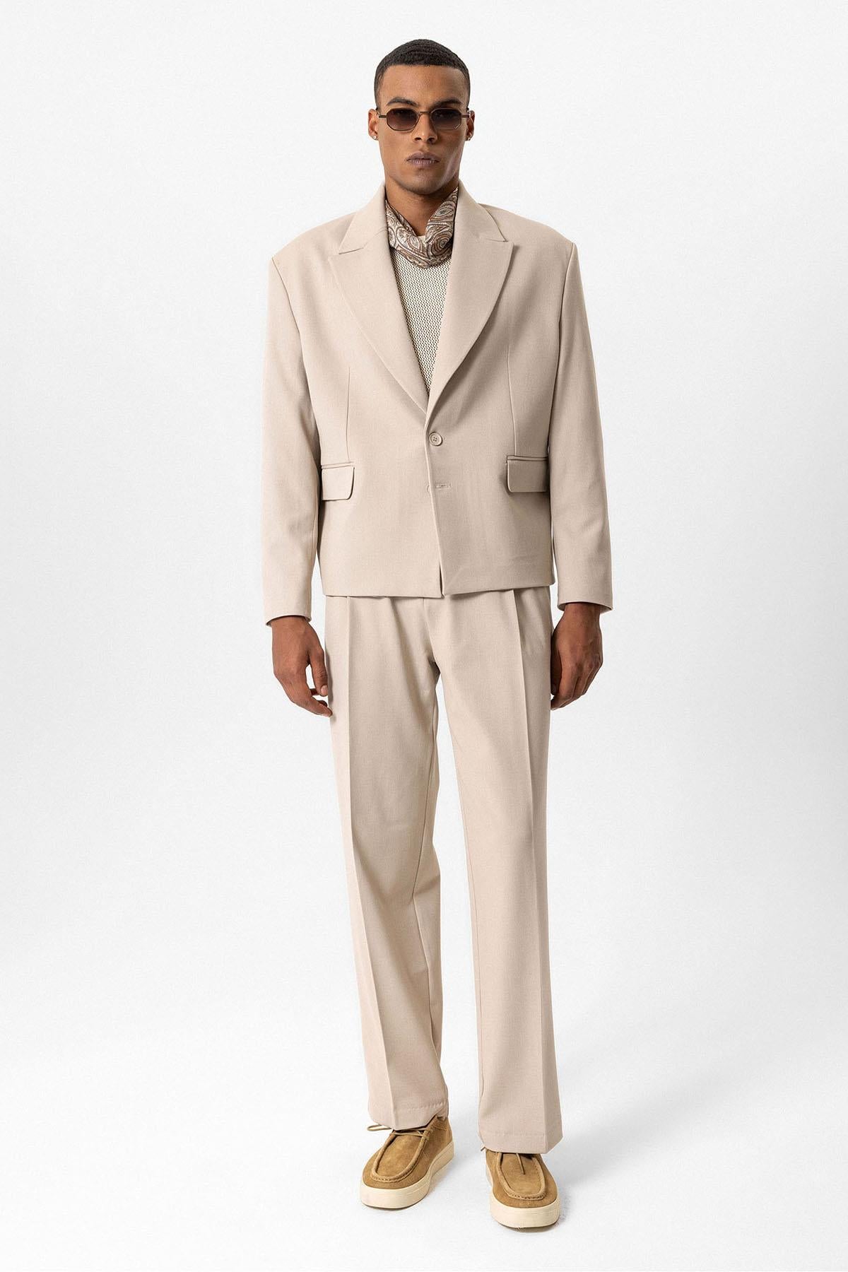 Beige Crop Fit Men's Blazer Jacket - Wessi