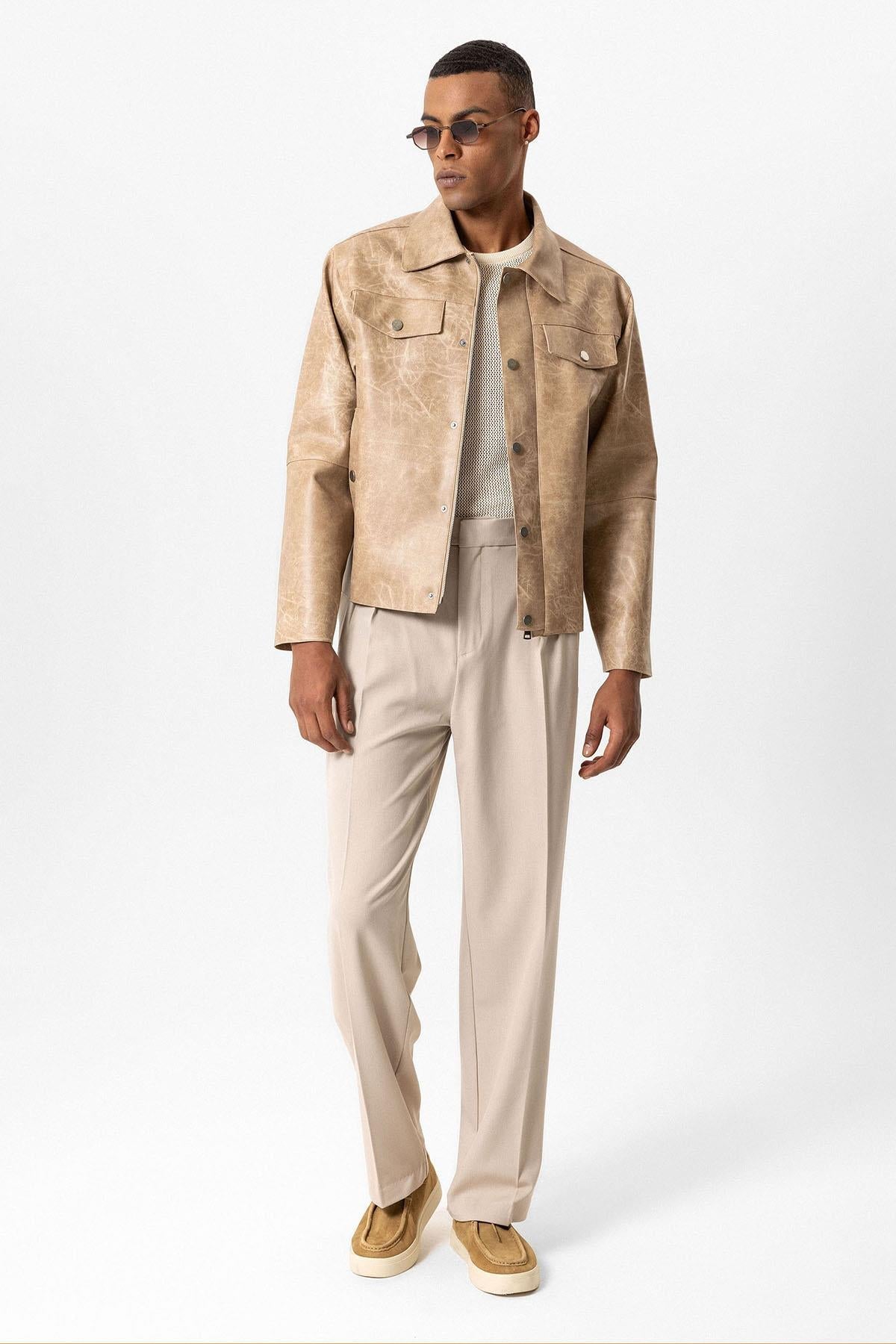 Beige Crop Fit Faux Leather Men's Jacket - Wessi