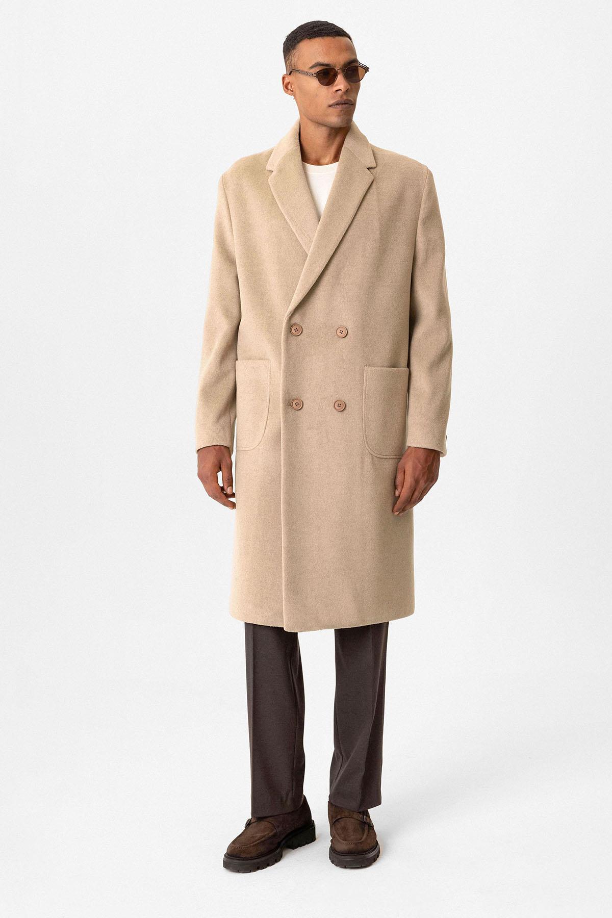 Beige Textured Double-Breasted Men's Coat - Wessi