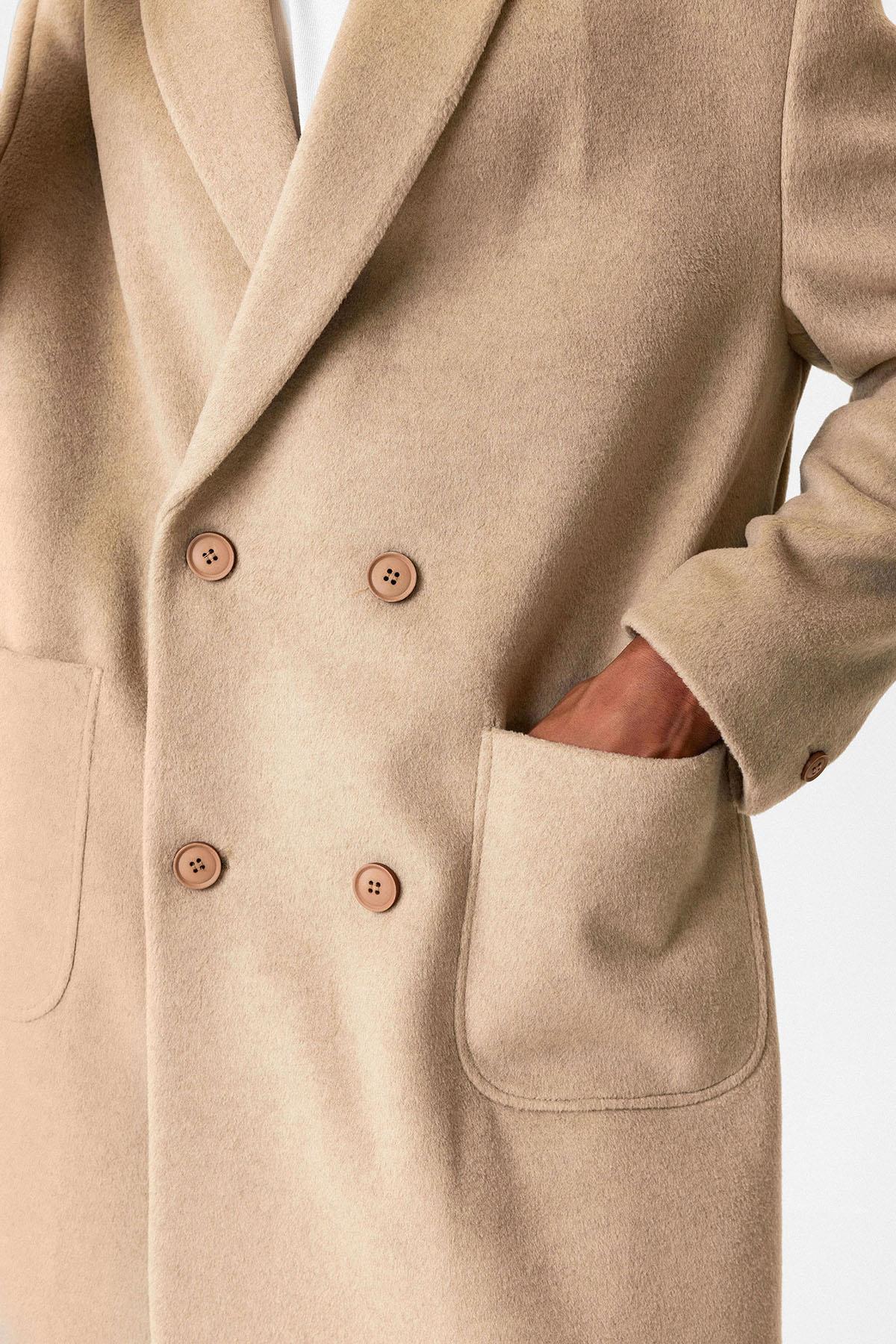 Beige Textured Double-Breasted Men's Coat - Wessi