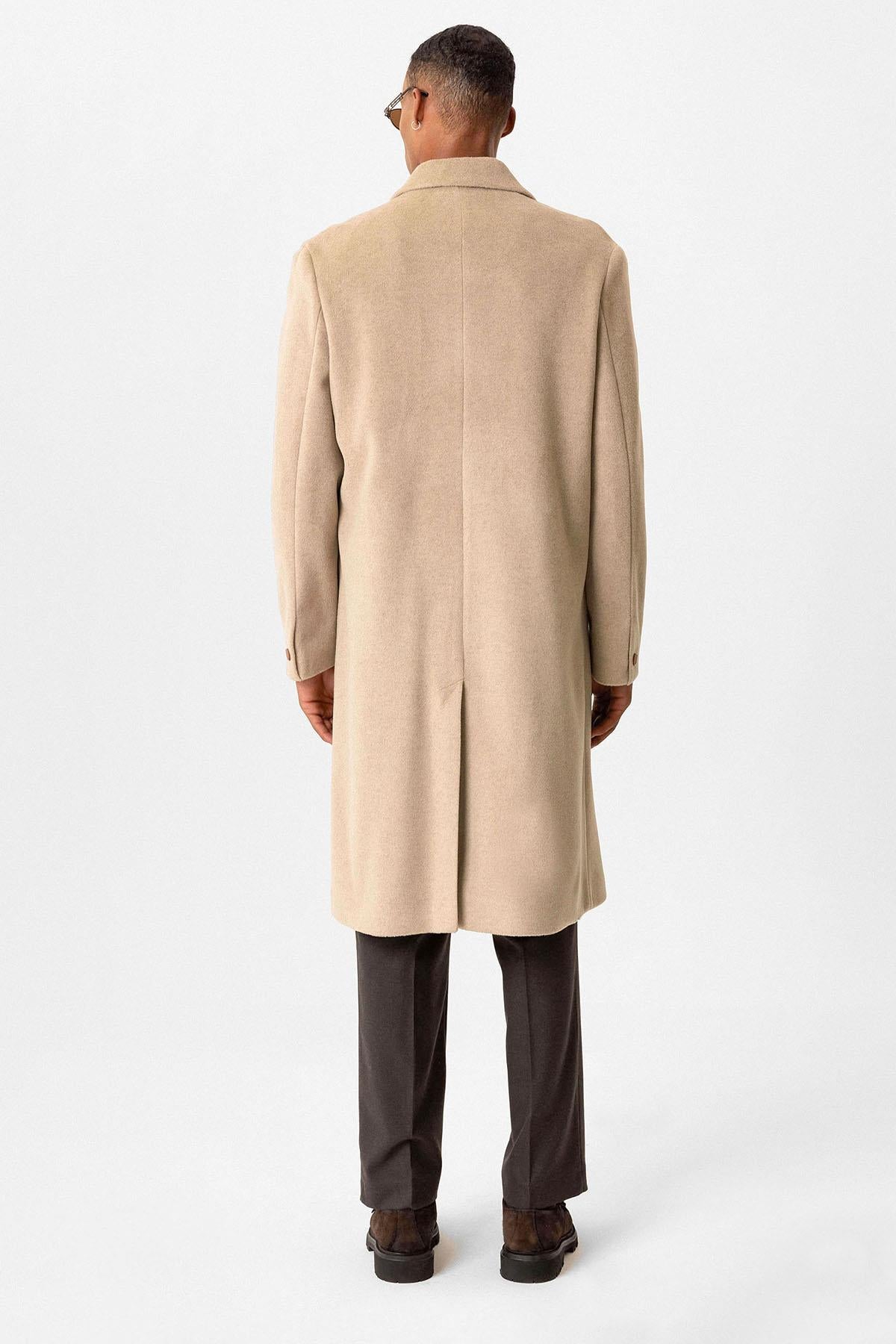 Beige Textured Double-Breasted Men's Coat - Wessi