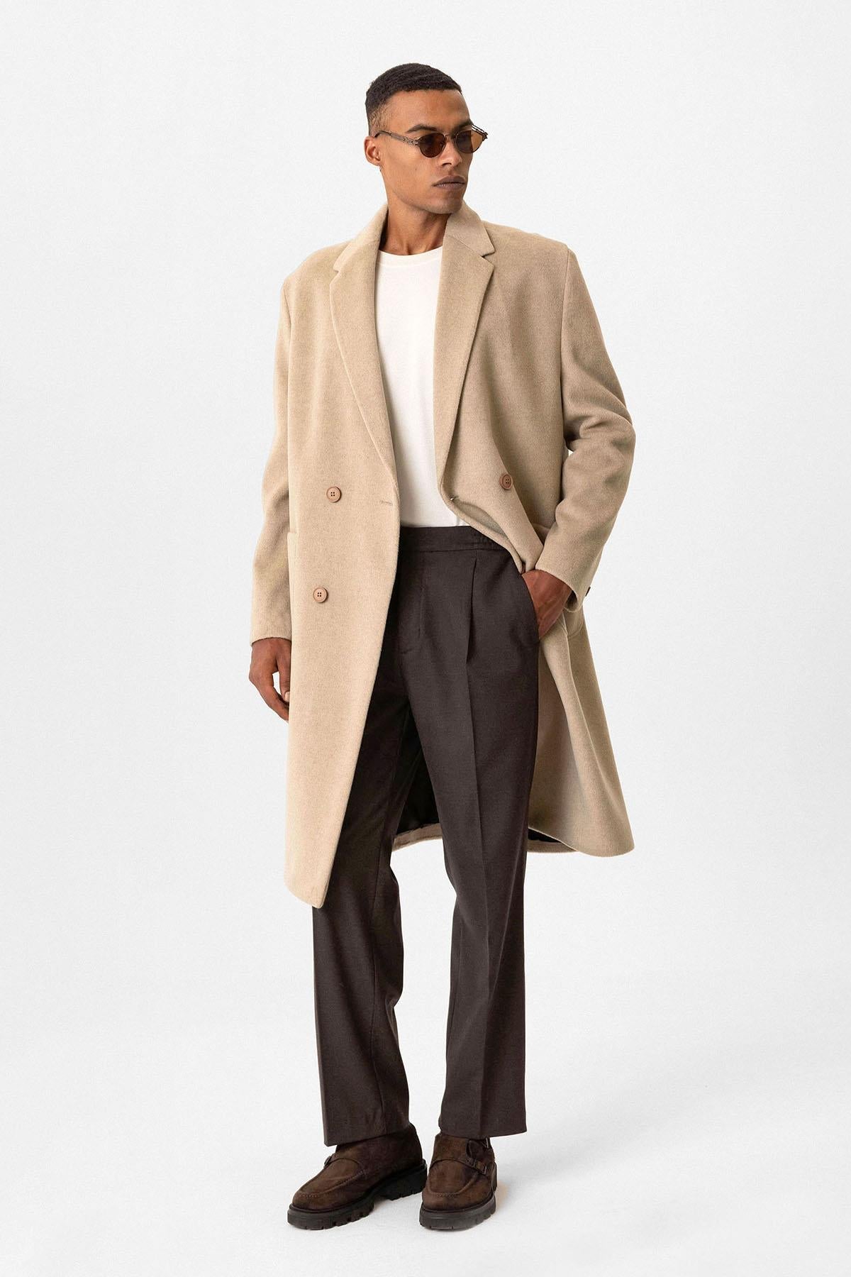 Beige Textured Double-Breasted Men's Coat - Wessi