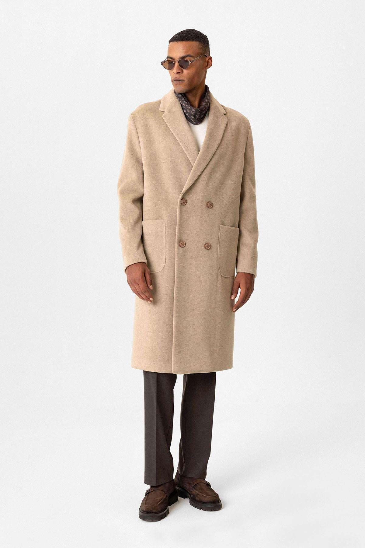 Beige Textured Double-Breasted Men's Coat - Wessi