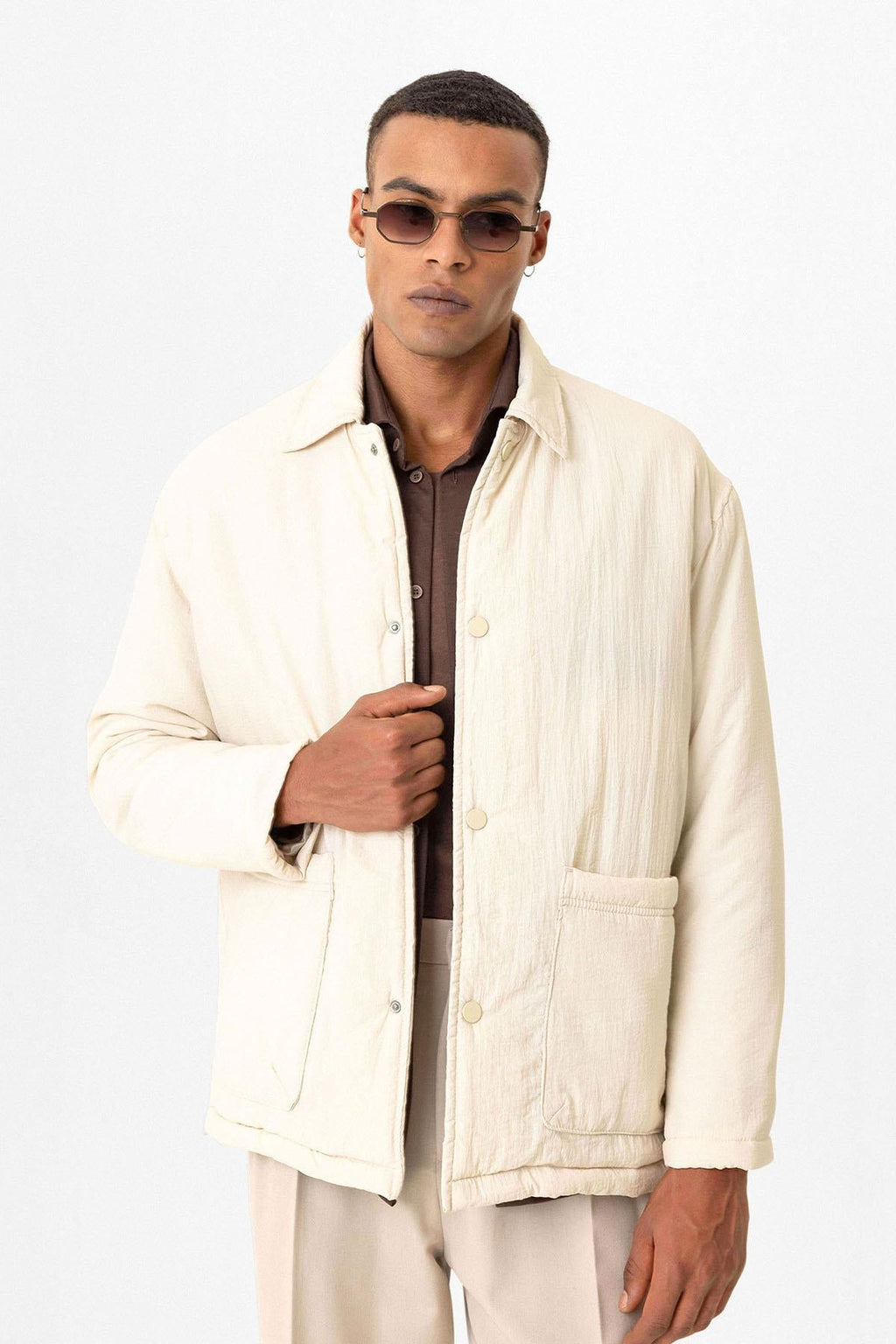Beige Lightly Padded Men's Jacket with Cargo Pockets - Wessi