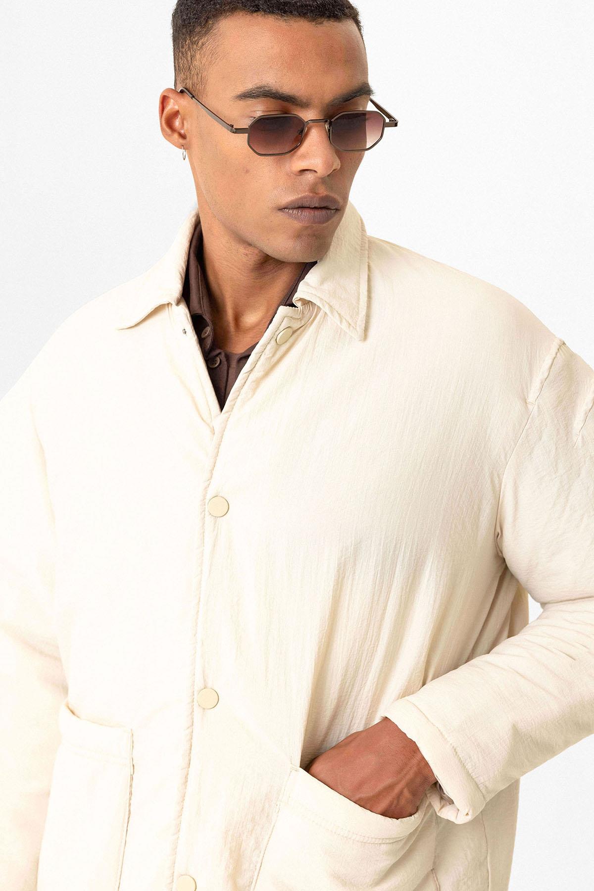 Beige Lightly Padded Men's Jacket with Cargo Pockets - Wessi