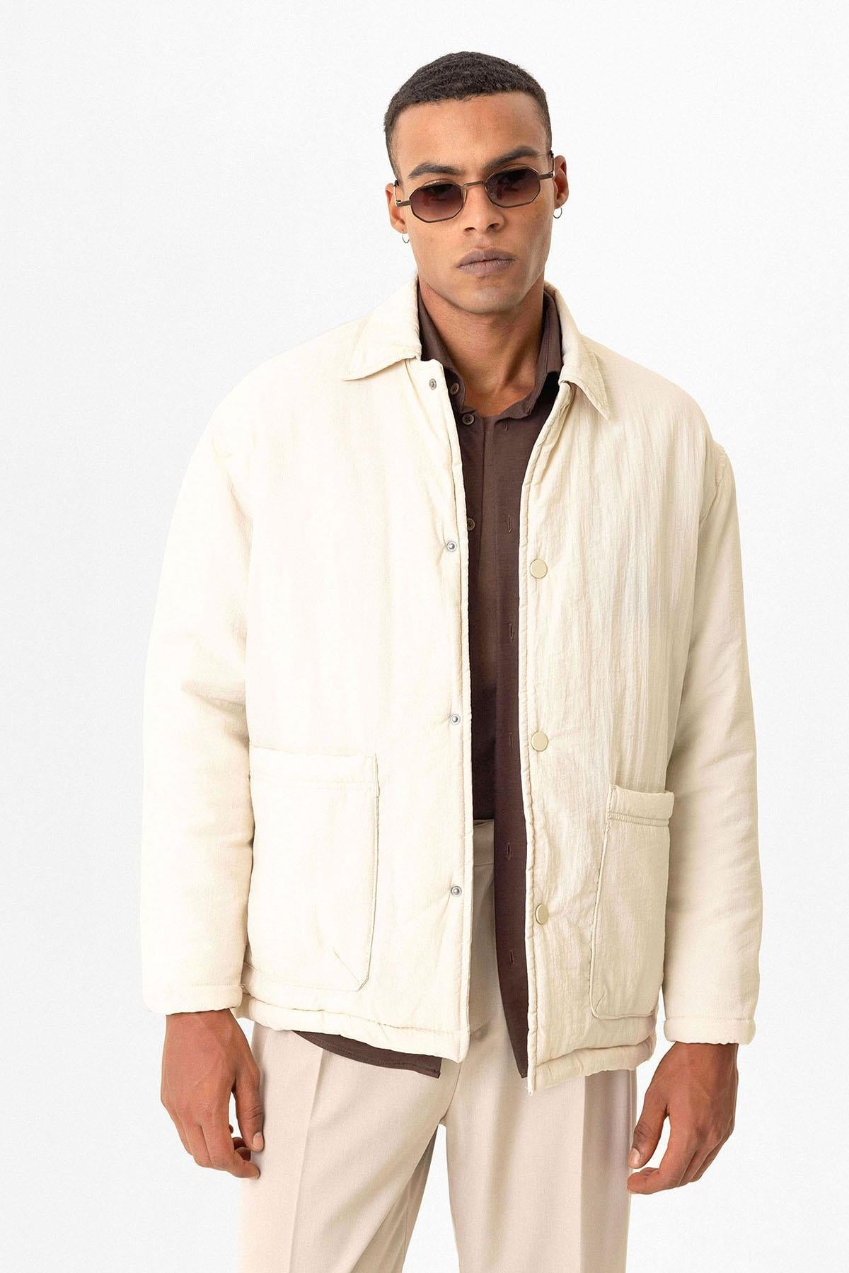 Beige Lightly Padded Men's Jacket with Cargo Pockets - Wessi