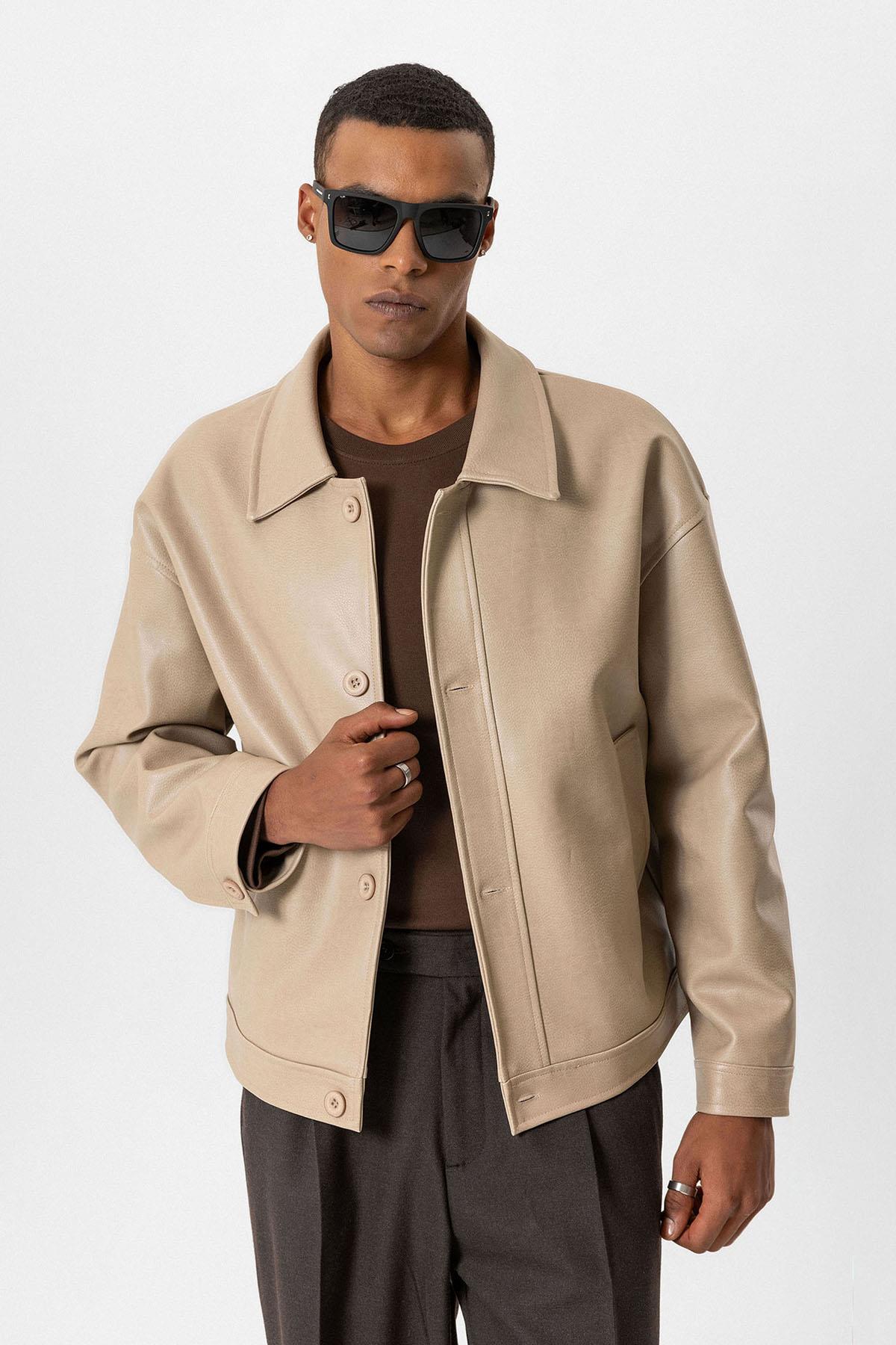 Beige Oversize Faux Leather Men's Jacket - Wessi