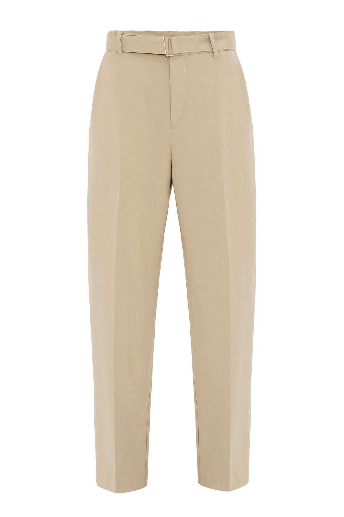 Beige High-Waisted Belted Men's Trousers - Wessi
