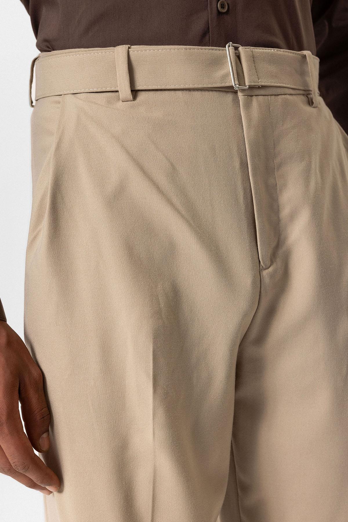 Beige High-Waisted Belted Men's Trousers - Wessi