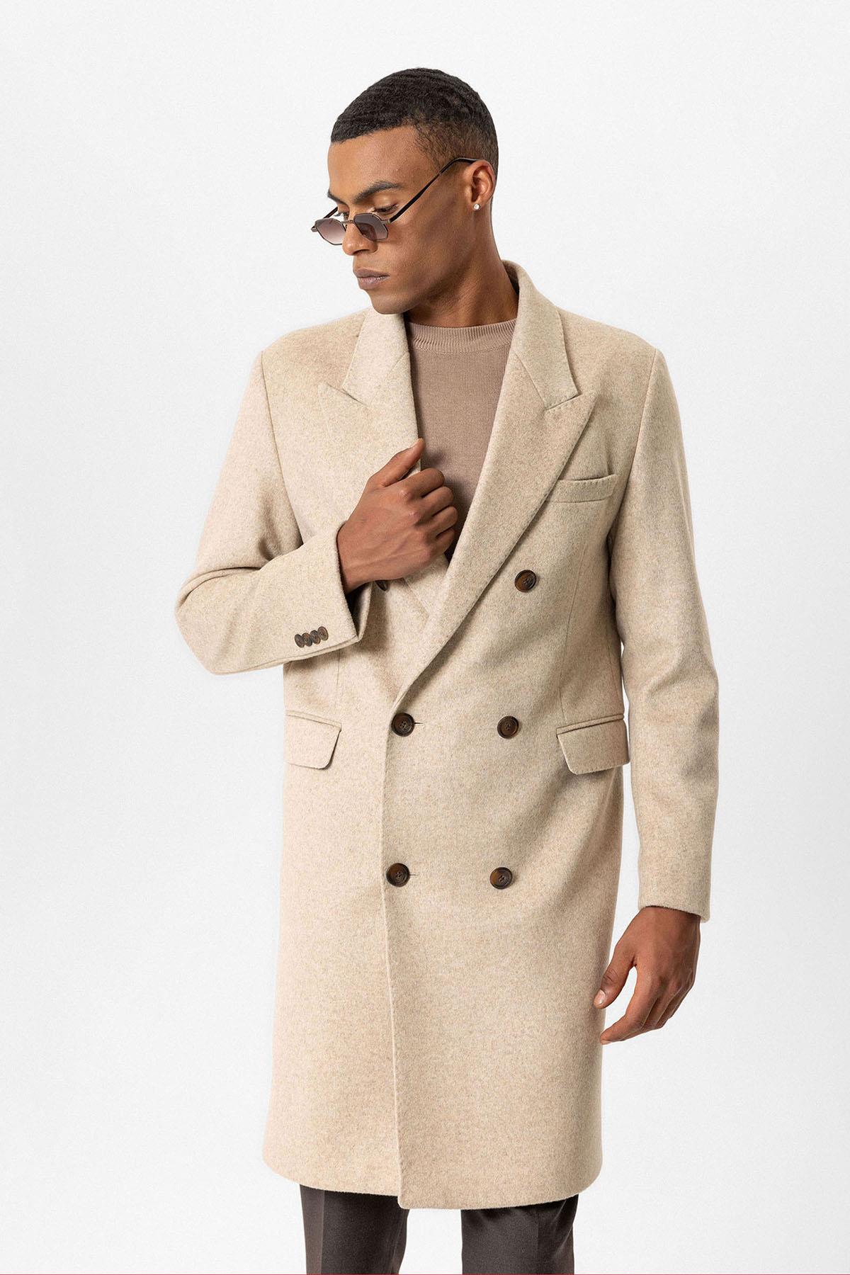 Beige Wool-Blend Double-Breasted Men's Coats - Wessi
