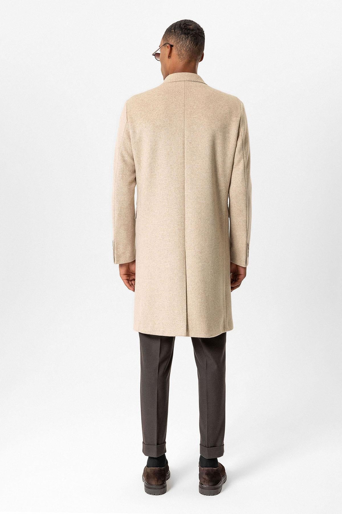 Beige Wool-Blend Double-Breasted Men's Coats - Wessi