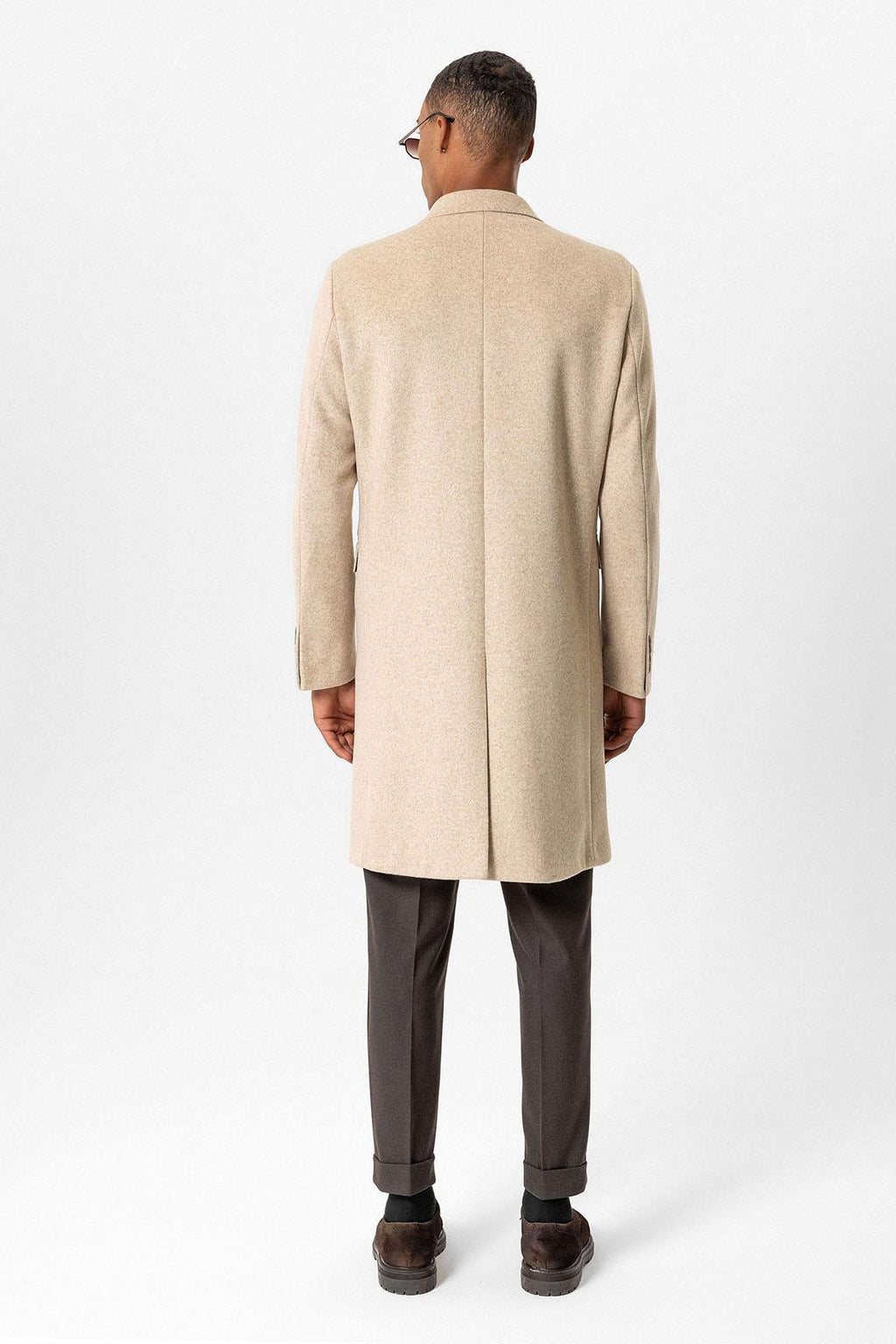 Beige Wool-Blend Double-Breasted Men's Coat - Wessi