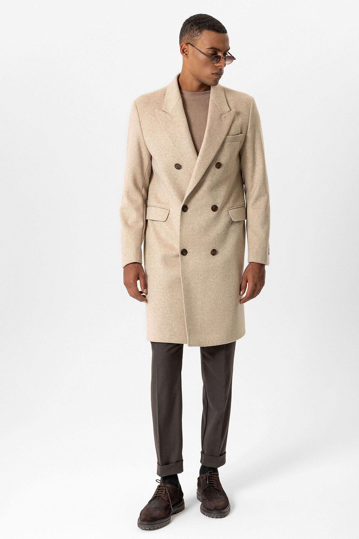 Beige Wool-Blend Double-Breasted Men's Coats - Wessi